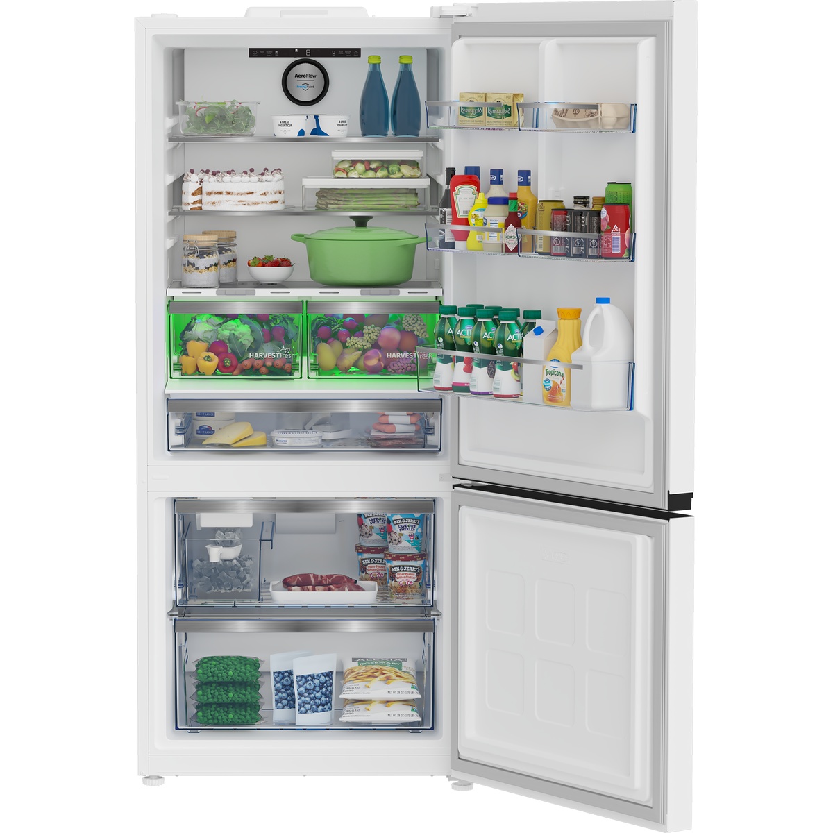 Beko BFBF30116WHIM open interior view showing HarvestFresh crisper drawers, full-width deli drawer, glass shelves, door bins and bottom freezer drawers loaded with food