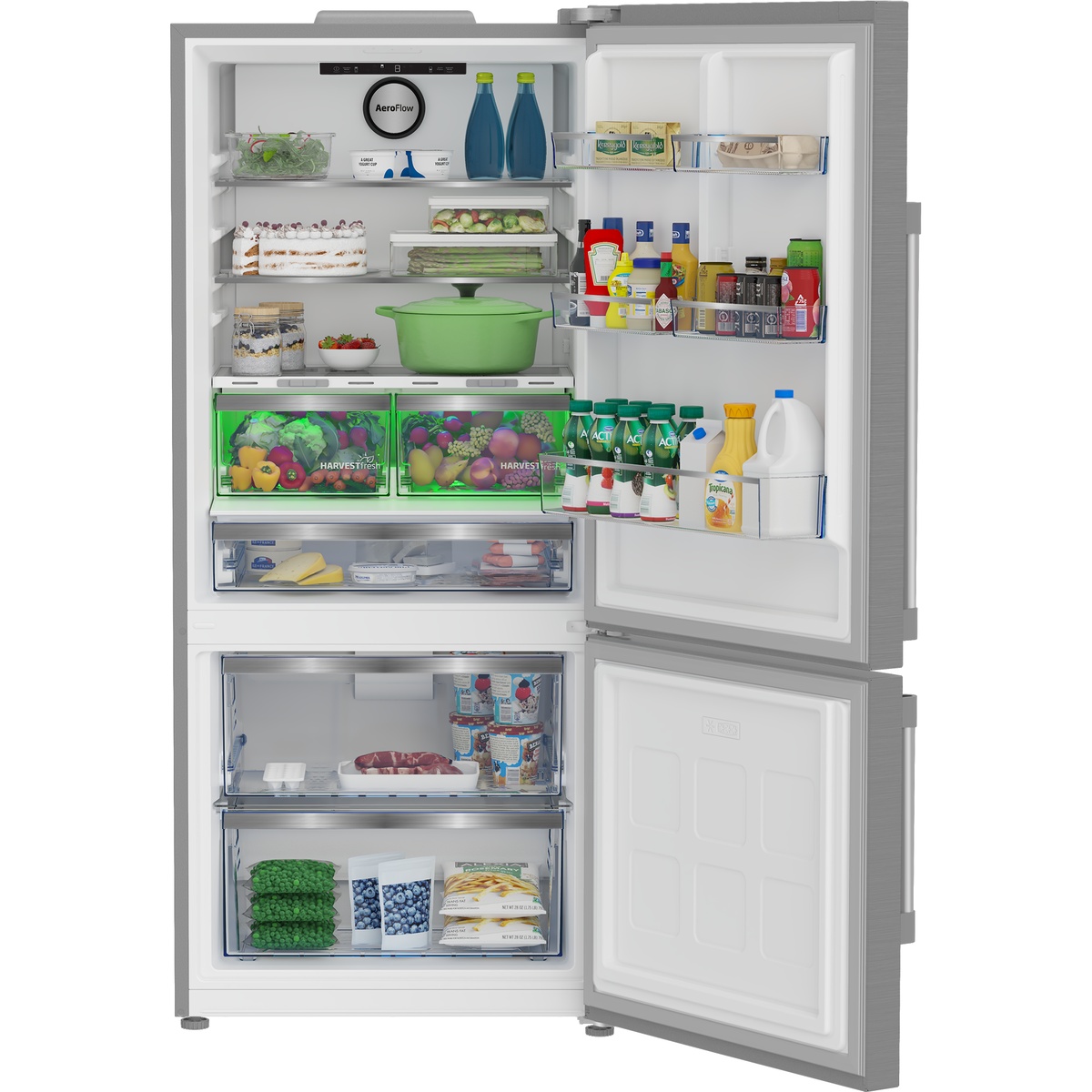 Beko BFBF30216SS interior open view showing HarvestFresh crisper drawers with green lighting, AeroFlow system label, adjustable glass shelves, door bins, and bottom freezer pull-out drawers loaded with food