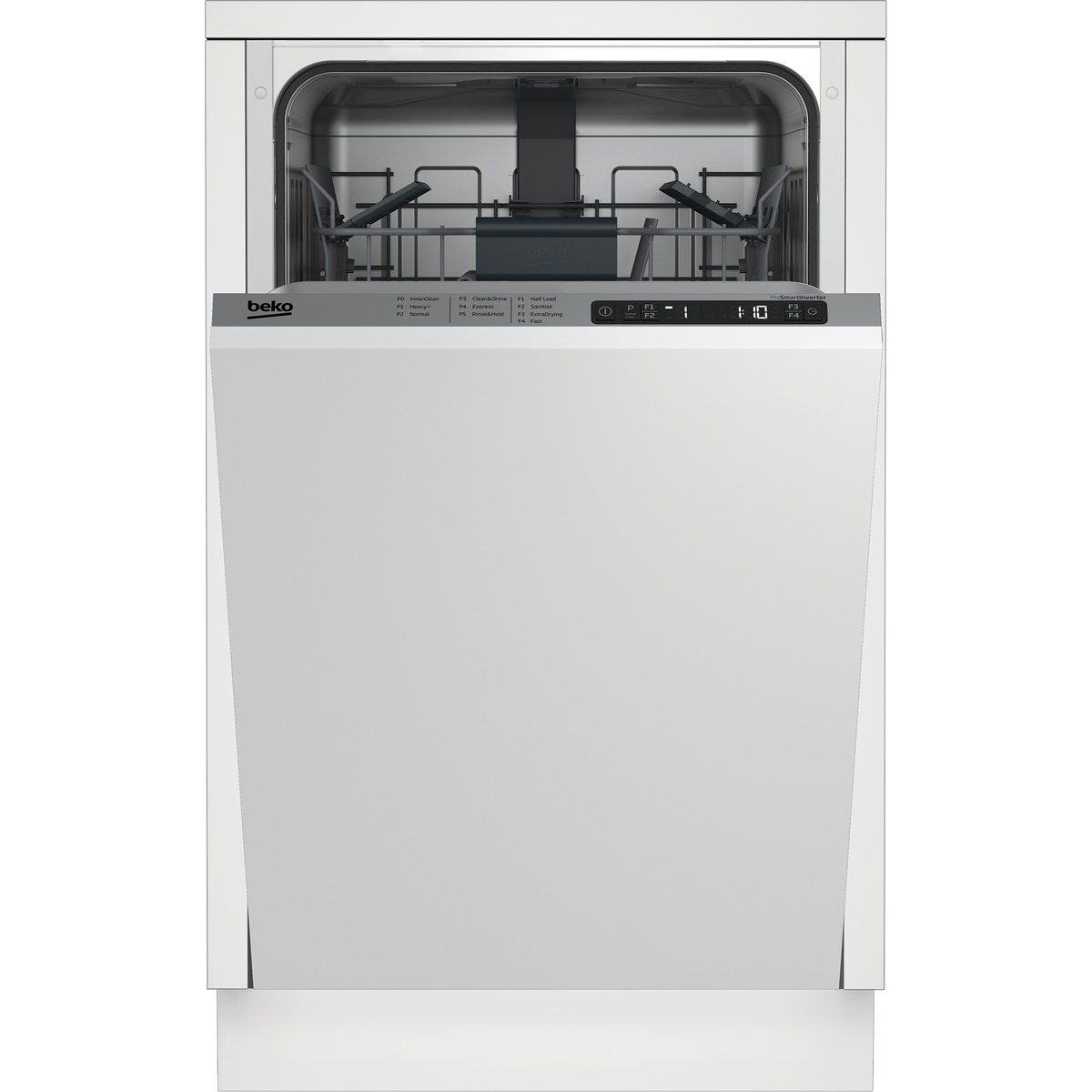 Beko DIS25842 slimline panel-ready dishwasher open, showing LED control strip with wash programs including InnerClean, Sanitize, and ExtraDrying, plus ProSmartInverter branding and upper rack