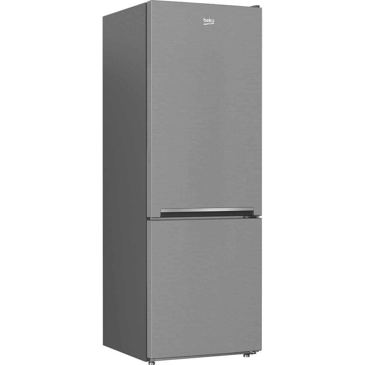 Beko BFBF2414SS stainless steel bottom freezer refrigerator shown from an angle, highlighting its slim counter-depth profile and brushed stainless finish