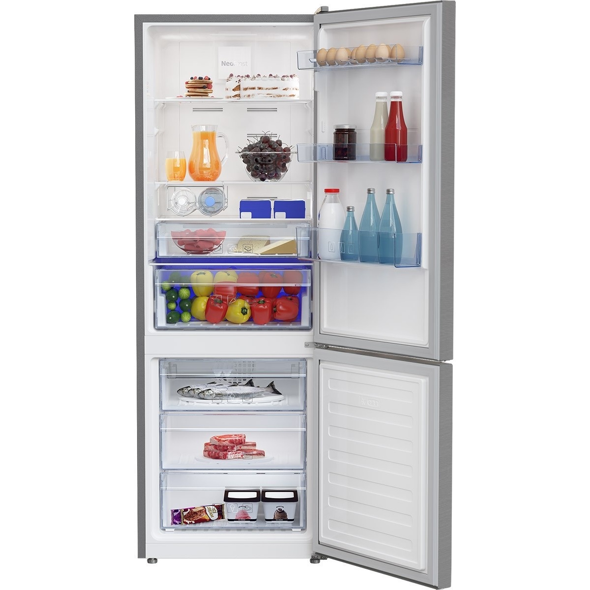 Beko BFBF2414SS refrigerator open interior showing glass shelves, EverFresh crisper drawer with vegetables, door bins with bottles and eggs, and two freezer drawers with fish and meat