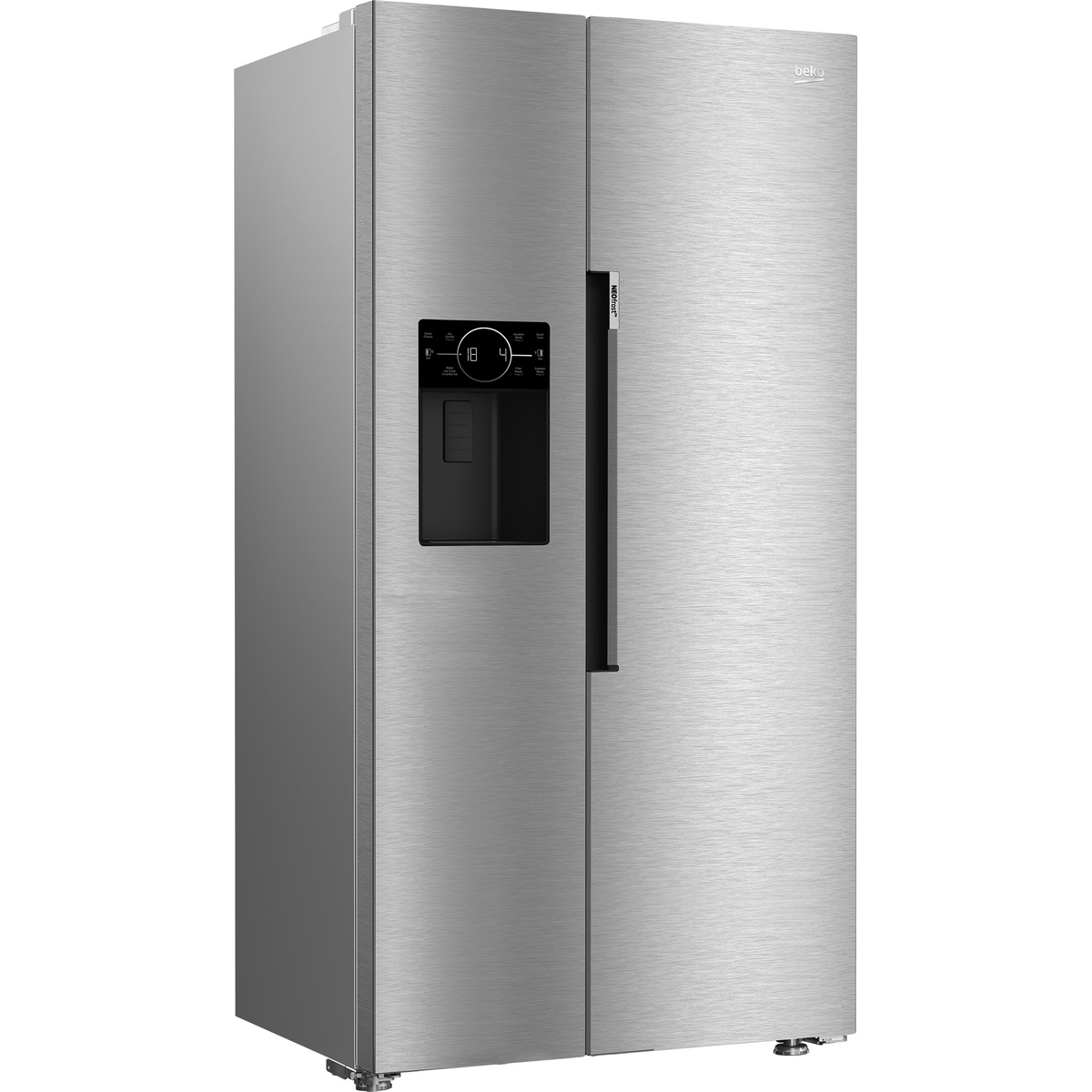 Beko BFSB3612XSS 36-inch counter-depth side-by-side refrigerator in fingerprint-free stainless steel, angled exterior view showing door dispenser and NeoFrost branding