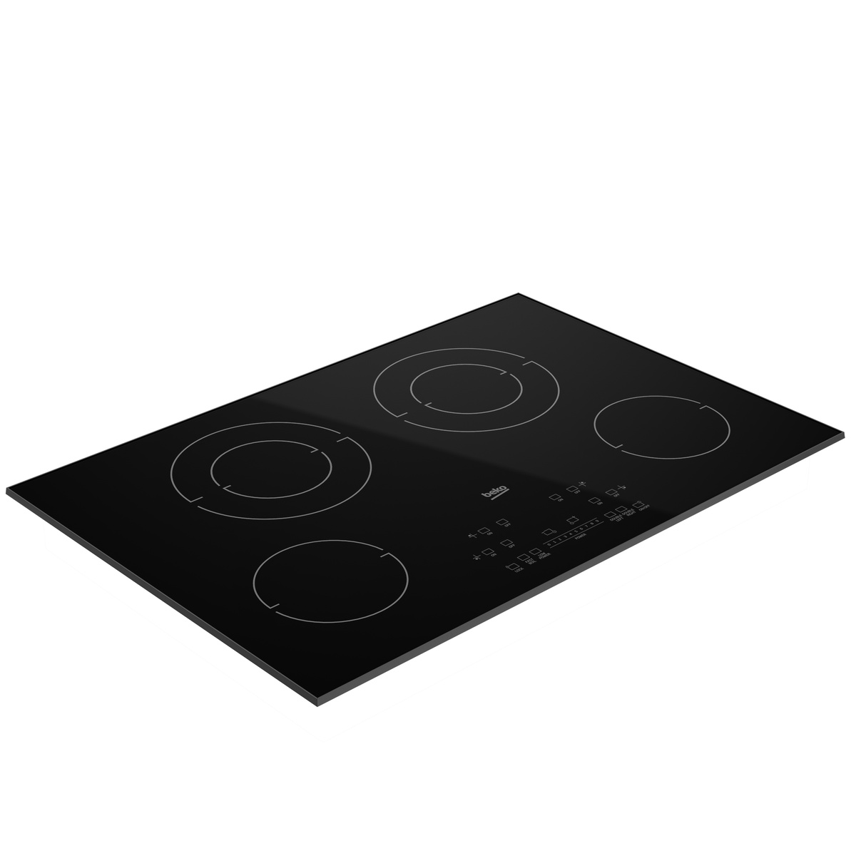 Angled perspective view of the Beko ECTM30102 30-inch black glass electric cooktop showing all four vitroceramic cooking zones and touch control panel.