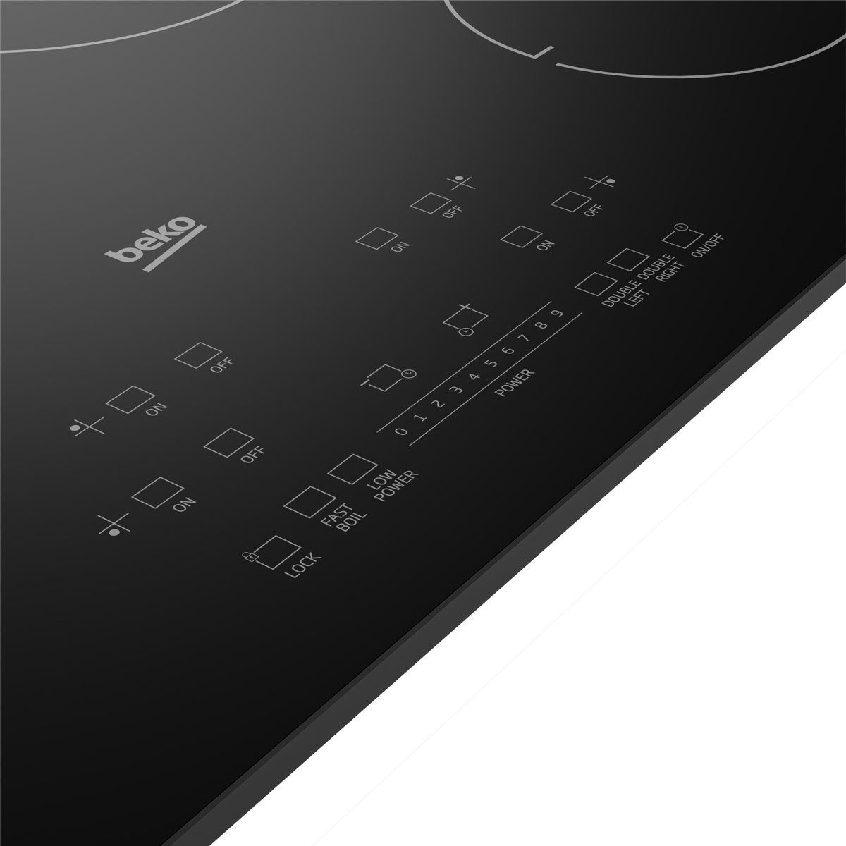 Close-up of the Beko ECTM30102 touch control panel showing Lock, Fast Boil, Low Power, Power levels 0-9, Double Left, Double Right, and On/Off touch buttons on a black glass surface.