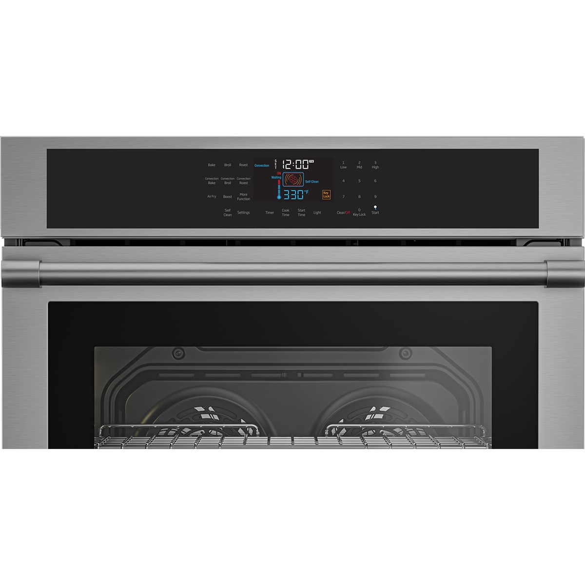 Close-up of the Beko WOS30200SS control panel showing cooking mode labels including Bake, Broil, Roast, Convection, Air Fry, Boost, Self Clean, and digital time and temperature display