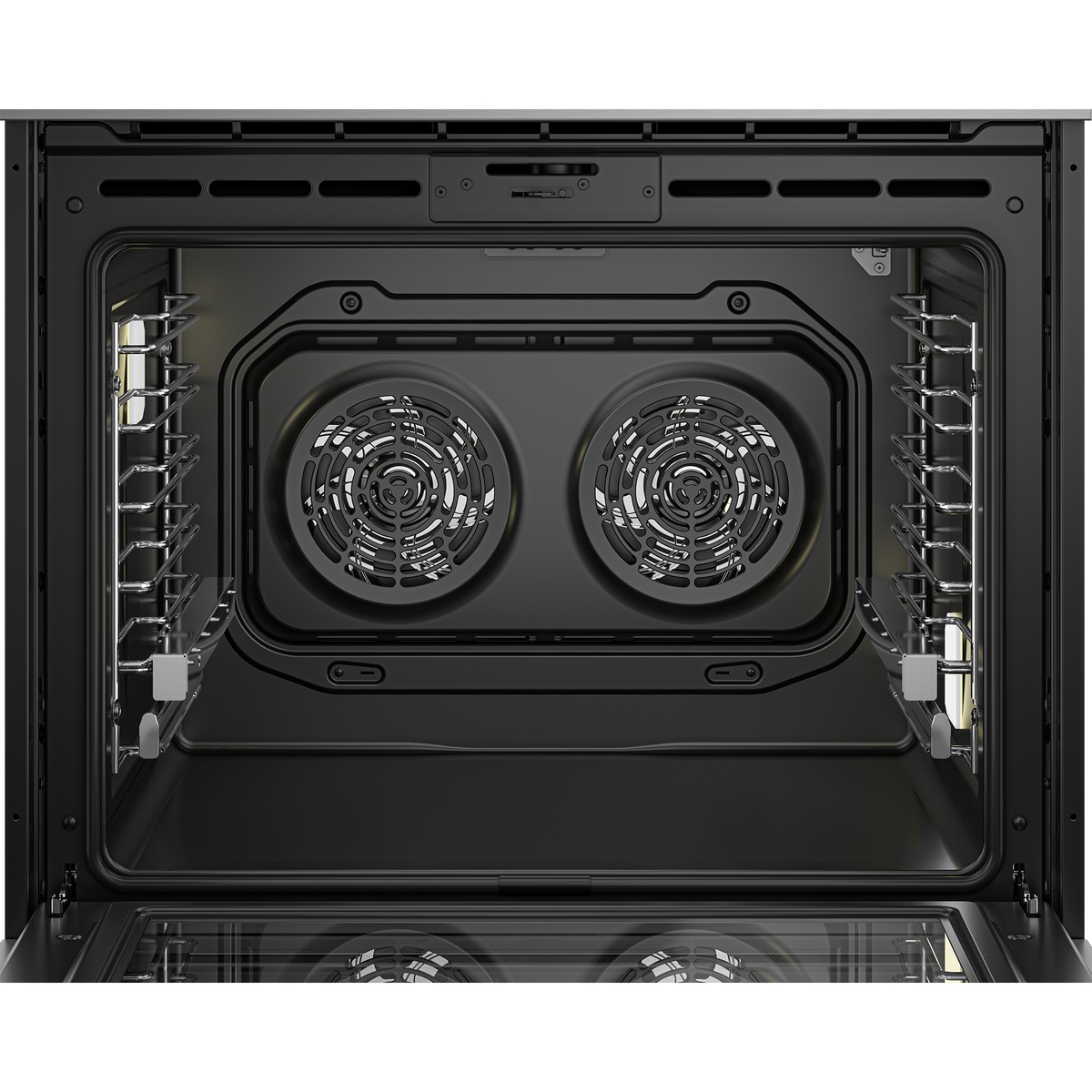 Interior rear wall of the Beko WOS30200SS showing two large Twin Turbo convection fan assemblies surrounded by multiple rack-guide rails on both side walls