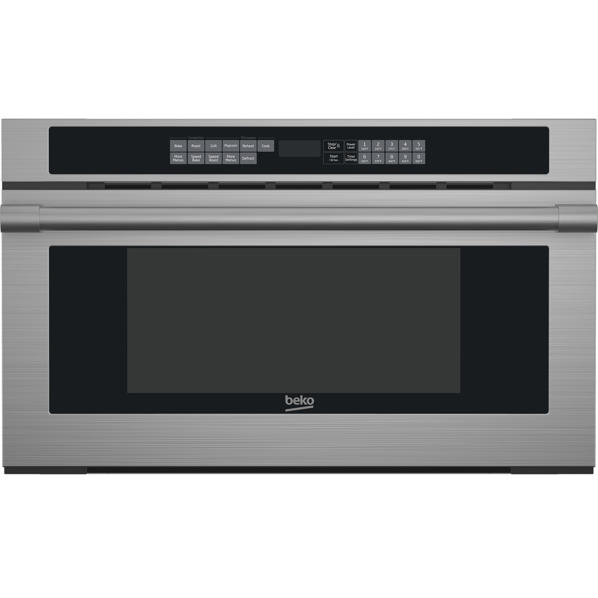Beko WOSP30100SS built-in microwave full front view in stainless steel with black control panel and drop-down door
