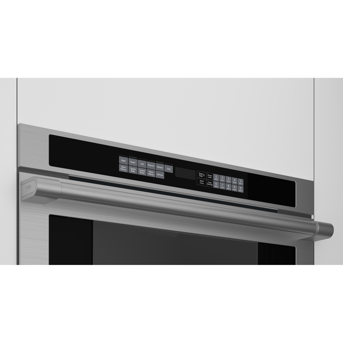 Close-up of the Beko WOSP30100SS control panel showing Convection and Microwave mode buttons, digital display, power level keys, and timer settings