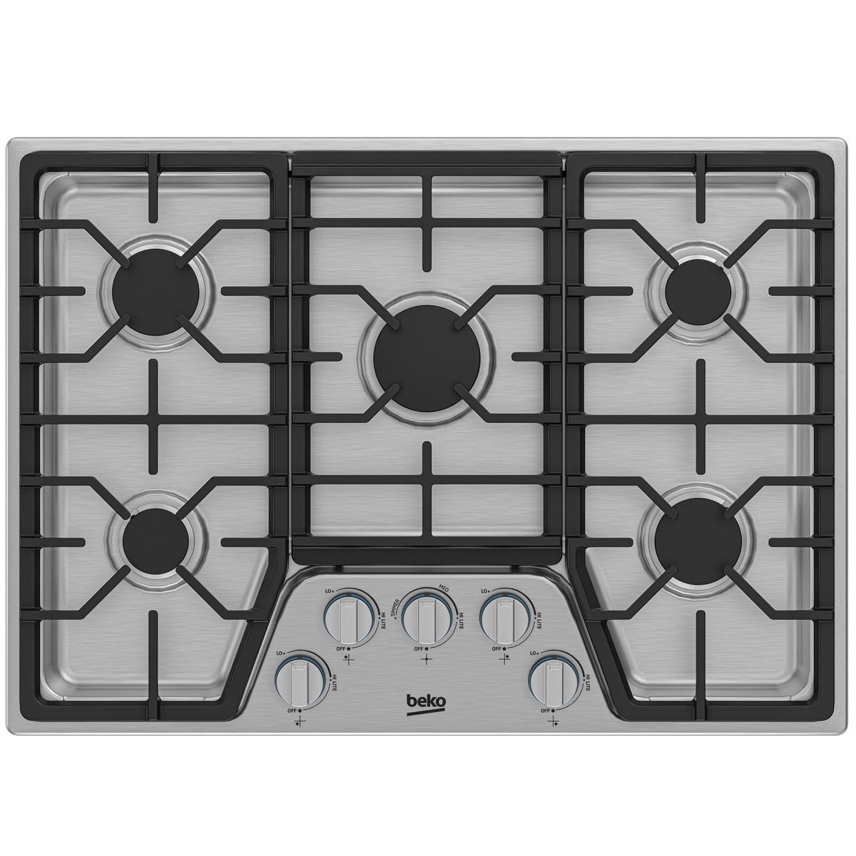 Top-down view of the Beko BCTG30500SS 30-inch gas cooktop showing 5 burners, continuous black cast-iron grates, stainless steel surface, and 5 control knobs at the front