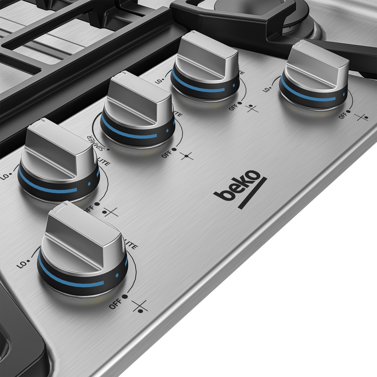 Close-up of the five illuminated stainless steel control knobs on the Beko BCTG30500SS gas cooktop, showing blue indicator rings and simmer and off position markings