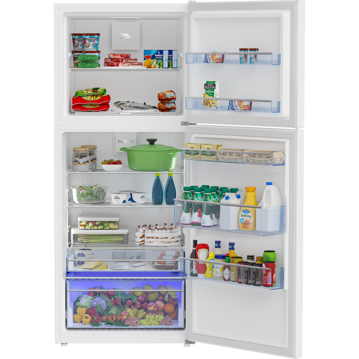Beko BFTF2716WH refrigerator fully open showing stocked interior with NeoFrost panel on back wall, blue-lit Active Fresh crisper drawer, adjustable glass shelves, and multiple door bins in both fridge and freezer compartments