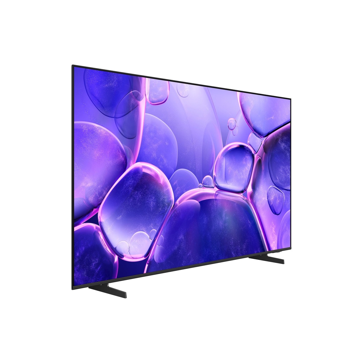 Samsung Crystal UHD TV shown from a left three-quarter angle against a white background displaying a vibrant purple abstract wallpaper