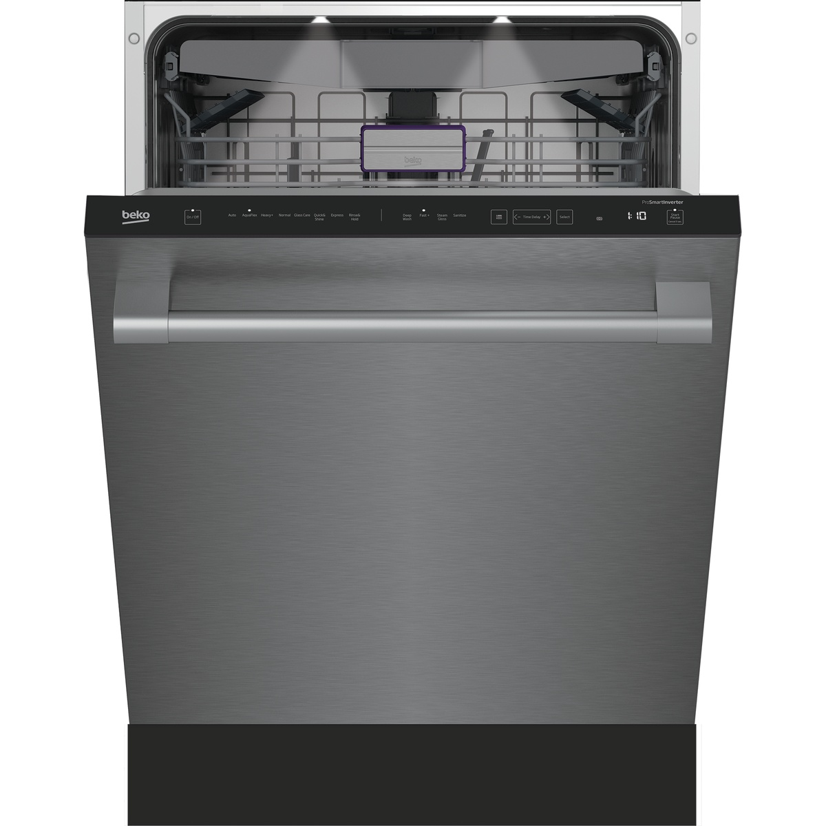 Front view of a stainless steel Beko built-in dishwasher with top touch control panel