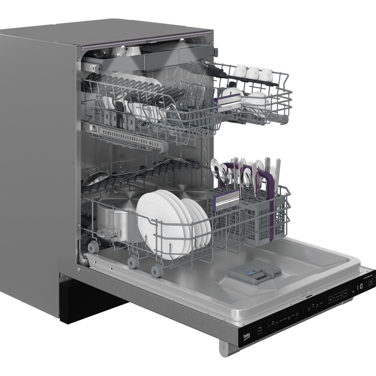 Open Beko dishwasher showing upper and lower racks loaded with dishes, plus a silverware basket