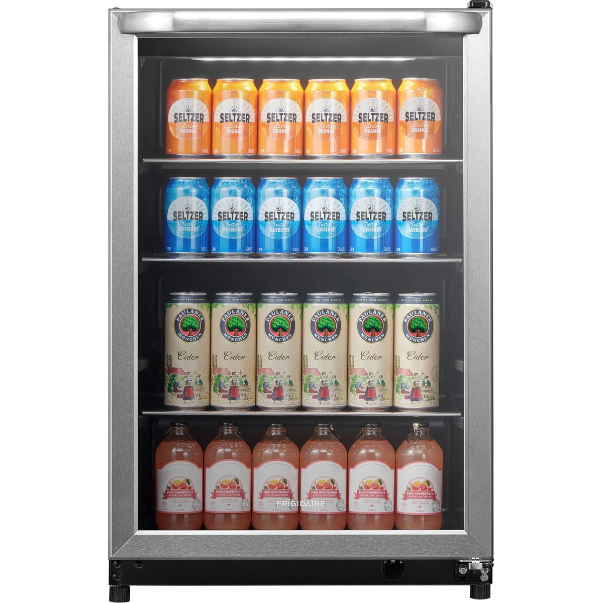 Frigidaire FRYB4626AS beverage center front view, fully loaded with cans and bottles on three glass shelves behind a stainless steel framed glass door