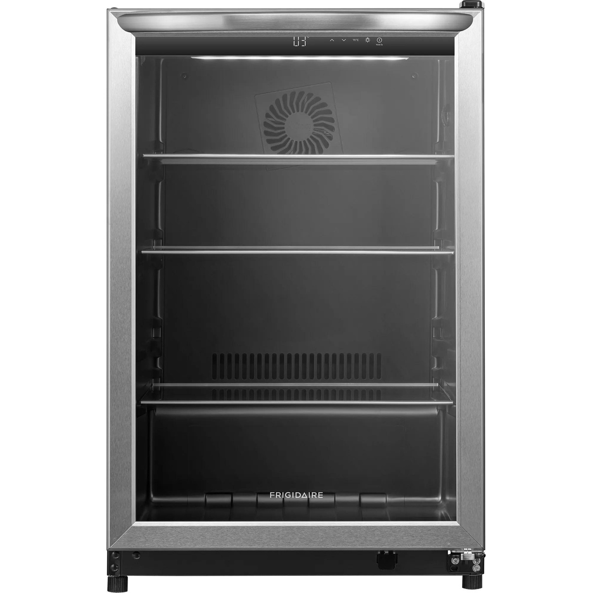 Frigidaire FRYB4626AS beverage center empty interior front view showing stainless steel exterior, LED strip lighting, and adjustable shelves