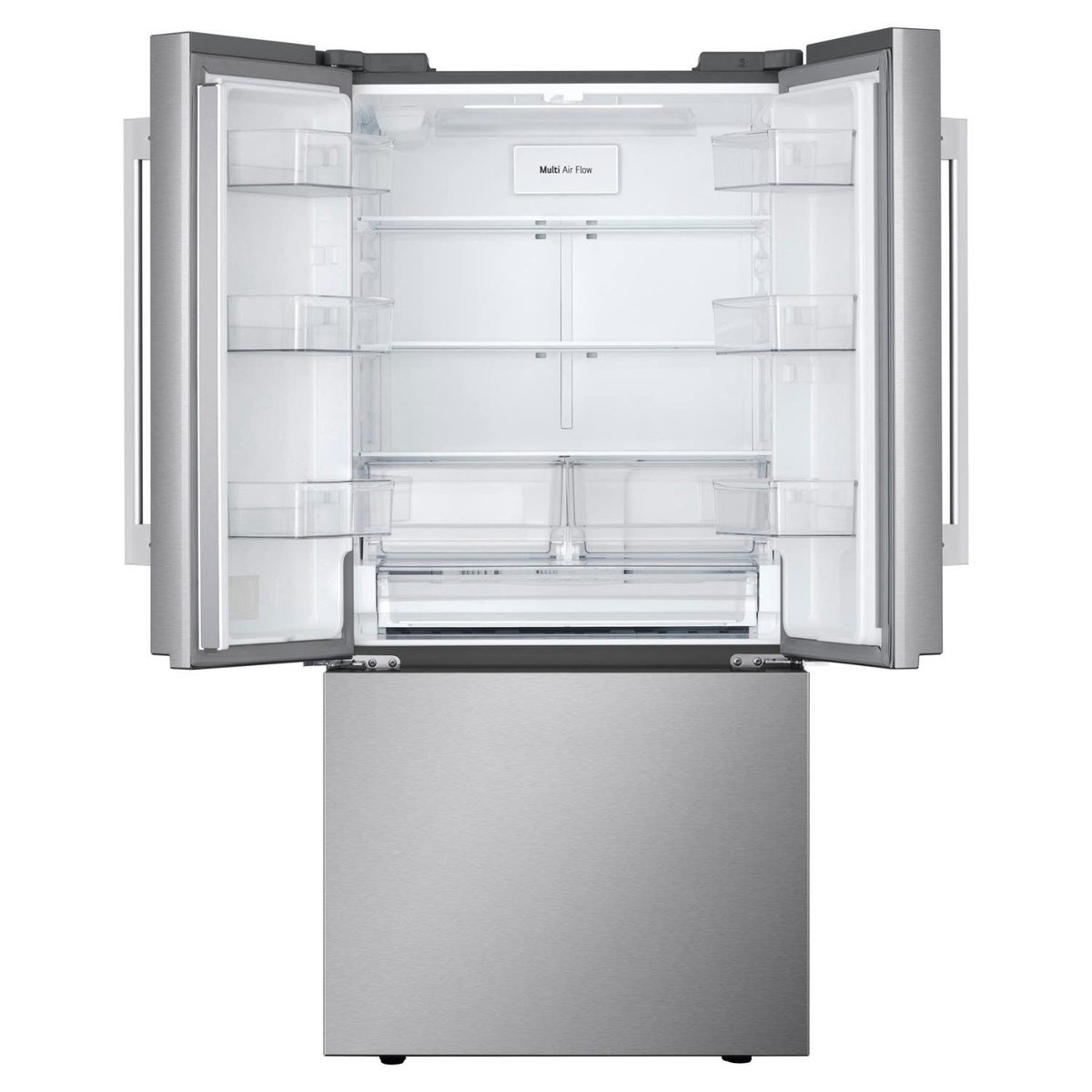 LG LF32BSH42S French door refrigerator open with Multi Air Flow label visible, showing adjustable shelves, door bins, and crisper drawers