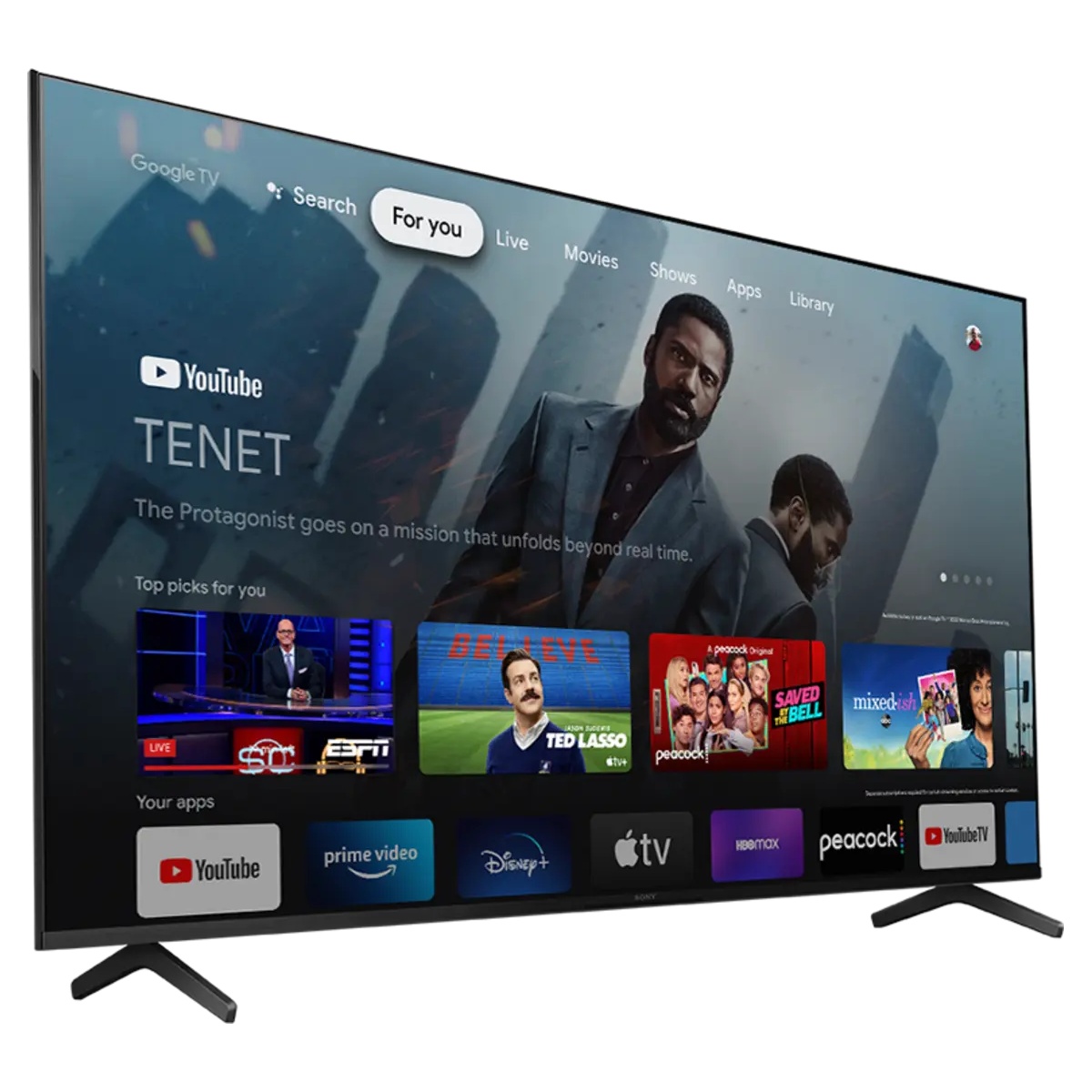 Sony X85K 65-inch TV displaying the Google TV smart home interface with streaming apps including YouTube, Prime Video, Disney+, Apple TV and HBO Max