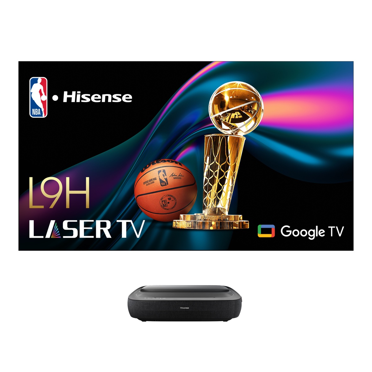 Hisense L9H Laser TV promotional image showing Hisense branding, Google TV logo, and the projector unit