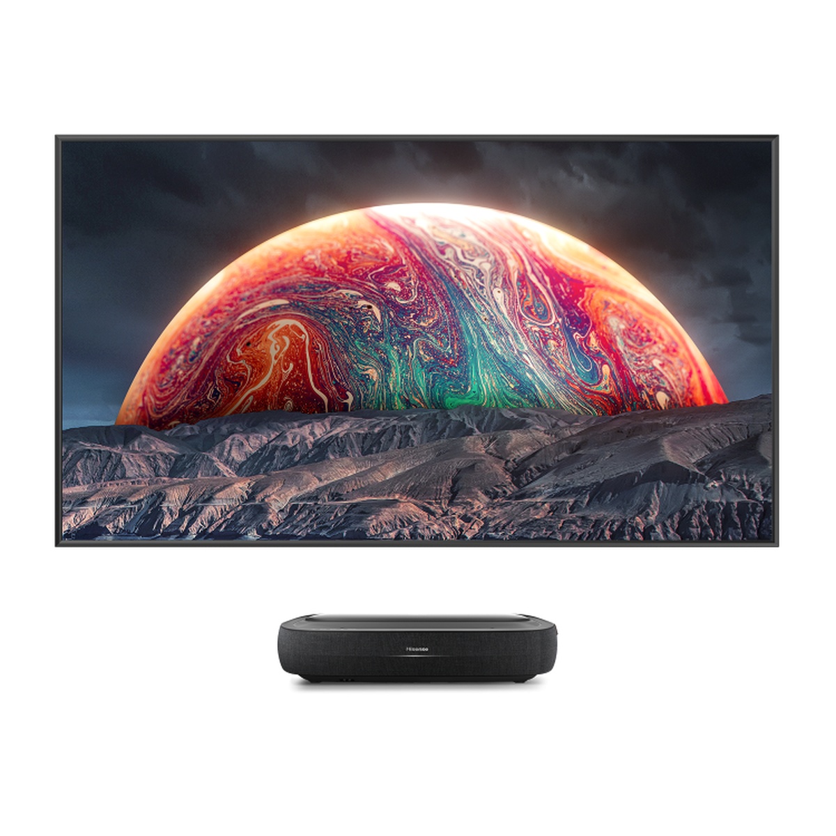 Hisense Laser TV with a large 120-inch screen and an ultra-short throw projector positioned below