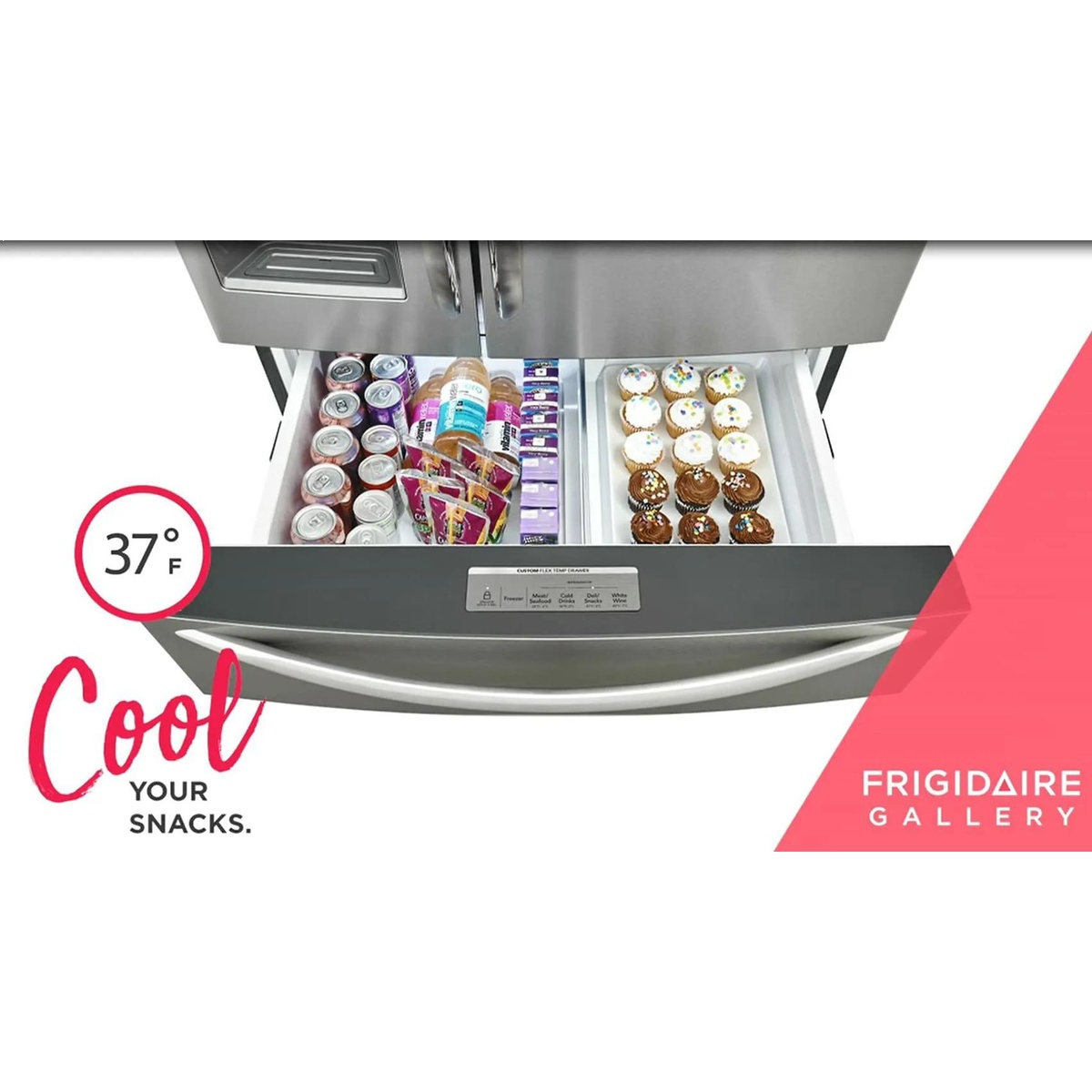 Custom-Flex Temp Drawer open at 37F showing canned drinks and cupcakes organized side by side in the middle drawer of the Frigidaire Gallery refrigerator