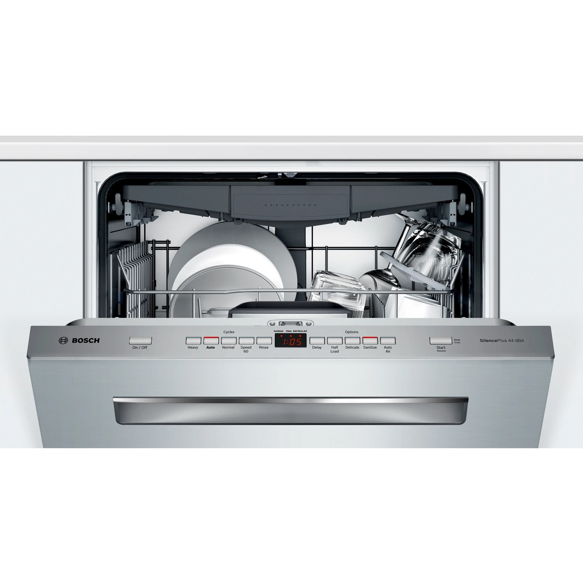 Bosch SHPM65Z55N dishwasher open with loaded interior and front control panel showing cycle and option buttons including SilencePlus 44 dBA label