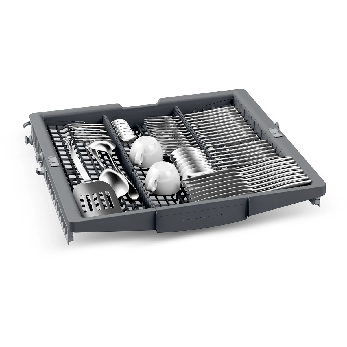 Bosch dishwasher third rack tray fully loaded with silverware, forks, spoons, and large serving utensils
