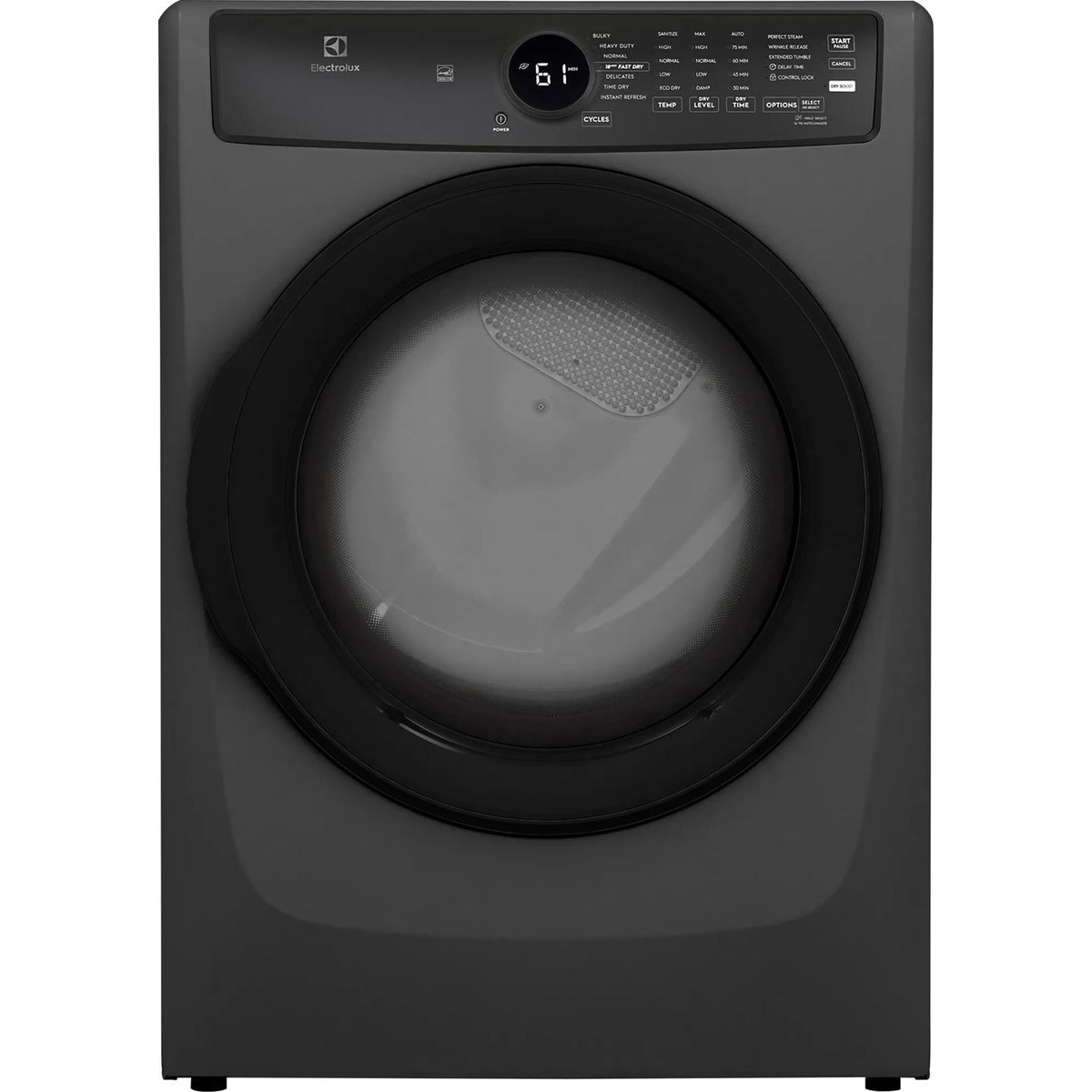 Front view of the Electrolux ELFE743CAT front-load electric dryer showing the control panel and round door