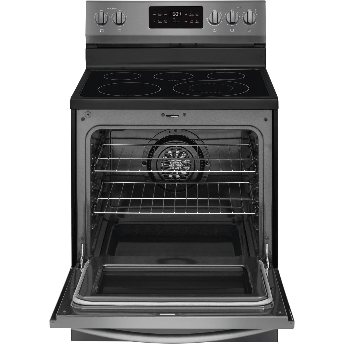 Frigidaire Gallery GCRE302CAD electric range with oven door open, showing interior oven racks, rear fan element, and smooth glass five-element cooktop above