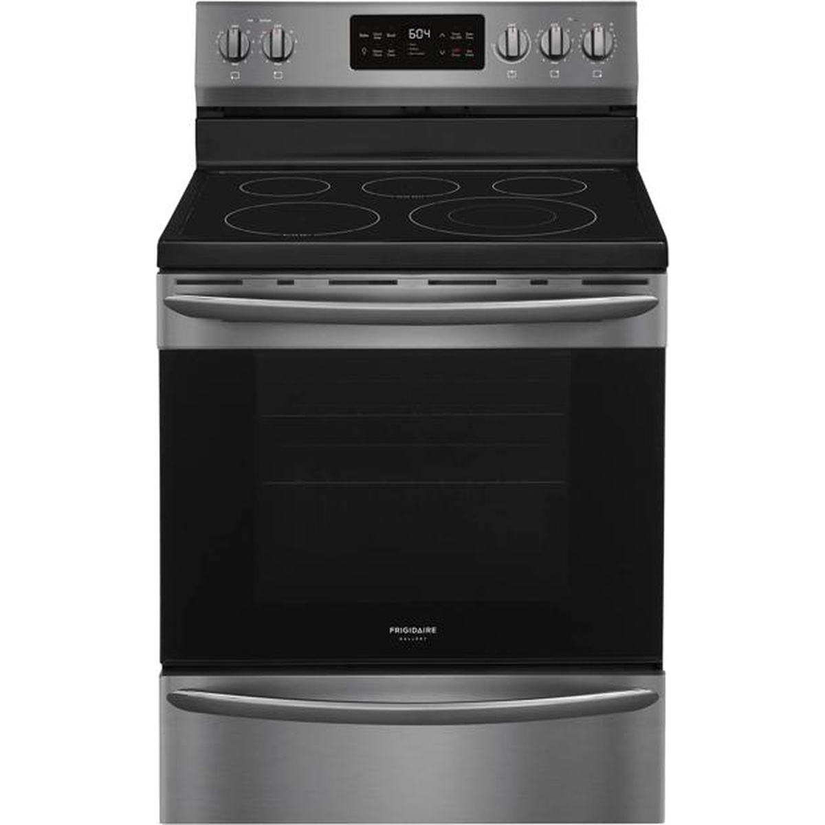 Frigidaire Gallery GCRE302CAD freestanding electric range front view showing five-element smooth glass cooktop, digital display, and smudge-resistant dark finish
