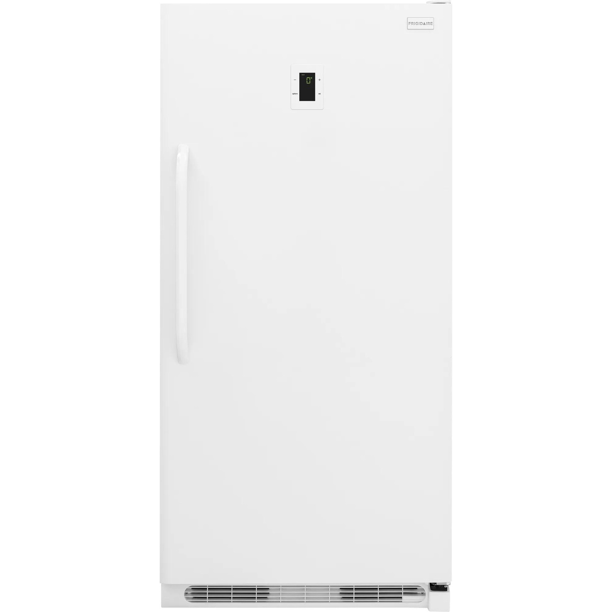 Frigidaire FFFH21F6QW white upright freezer with digital temperature control panel on the door and bottom ventilation grille