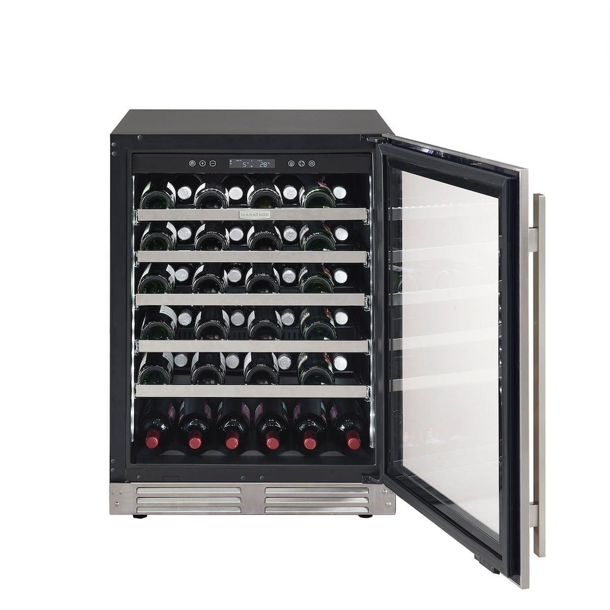 Marathon MBWC56-SS open door showing full extension ball bearing racks loaded with wine bottles and LCD control panel at top