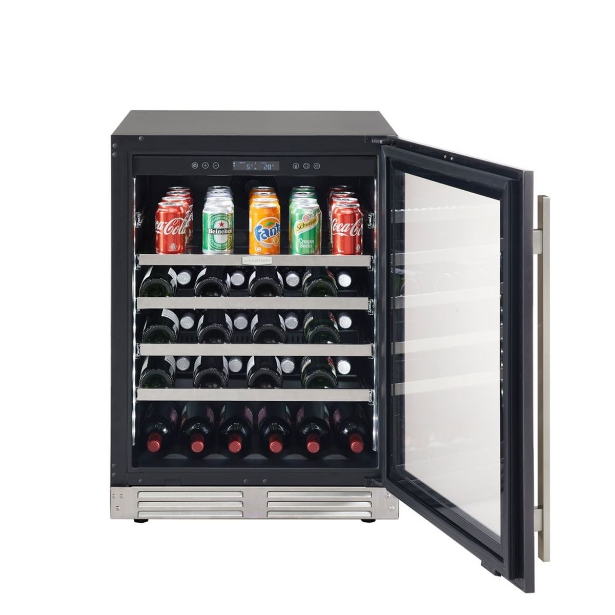 Marathon MBWC56-SS open door in convertible mode showing canned beverages on the top shelf alongside wine bottles on lower shelves