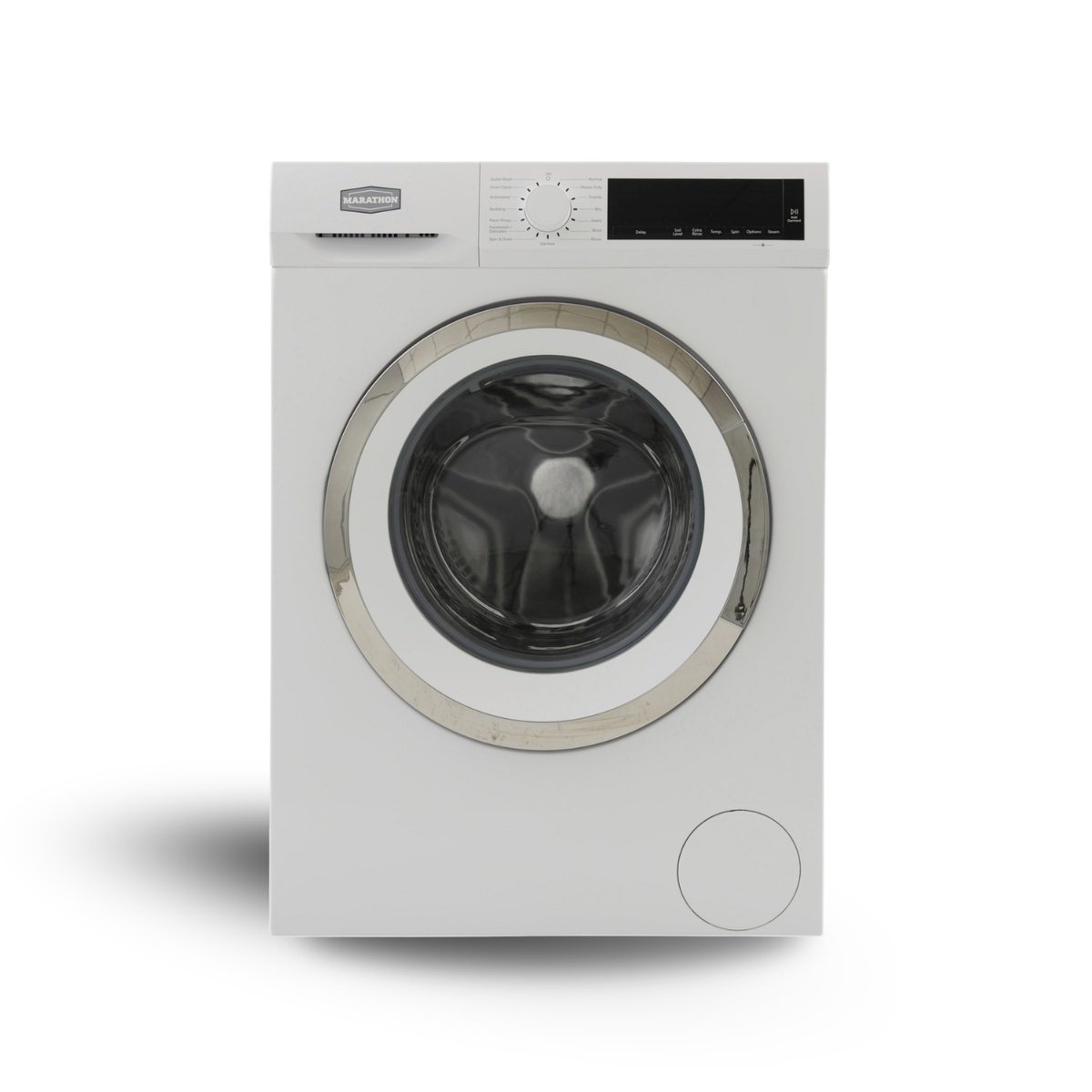 Marathon MWM2214W white front load washing machine, front view showing control panel with program dial and TFT display