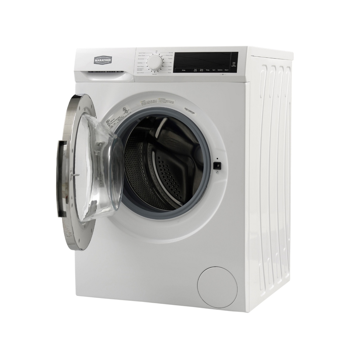 Marathon MWM2214W washing machine shown at an angle with the door open, revealing the stainless steel drum interior and side panel ribbing