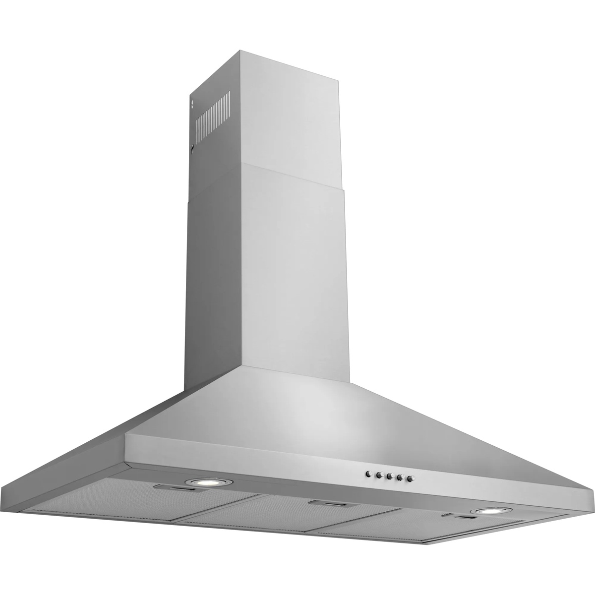 Frigidaire FHWC3675LS range hood three-quarter angle showing LED lighting illuminated on underside, aluminum mesh grease filters, and push button controls