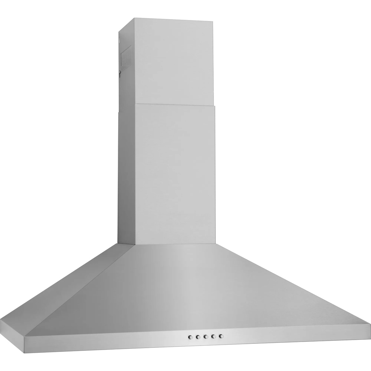 Frigidaire FHWC3675LS 36-inch stainless steel canopy wall-mount range hood, three-quarter left angle view showing full chimney flue and tapered canopy body