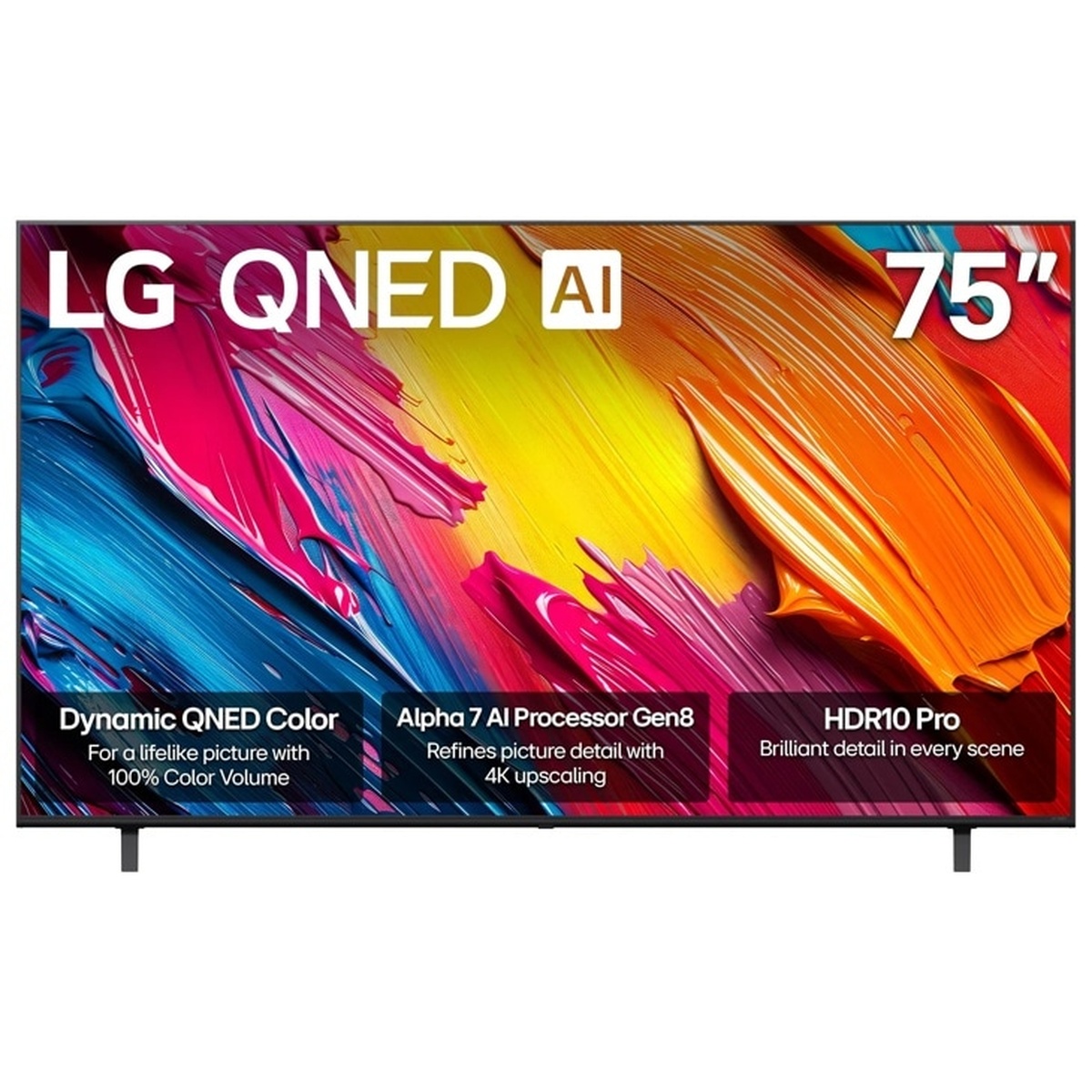 LG 75QNED70AUC front view displaying Dynamic QNED Color, Alpha 7 AI Processor Gen8, and HDR10 Pro feature callouts on screen