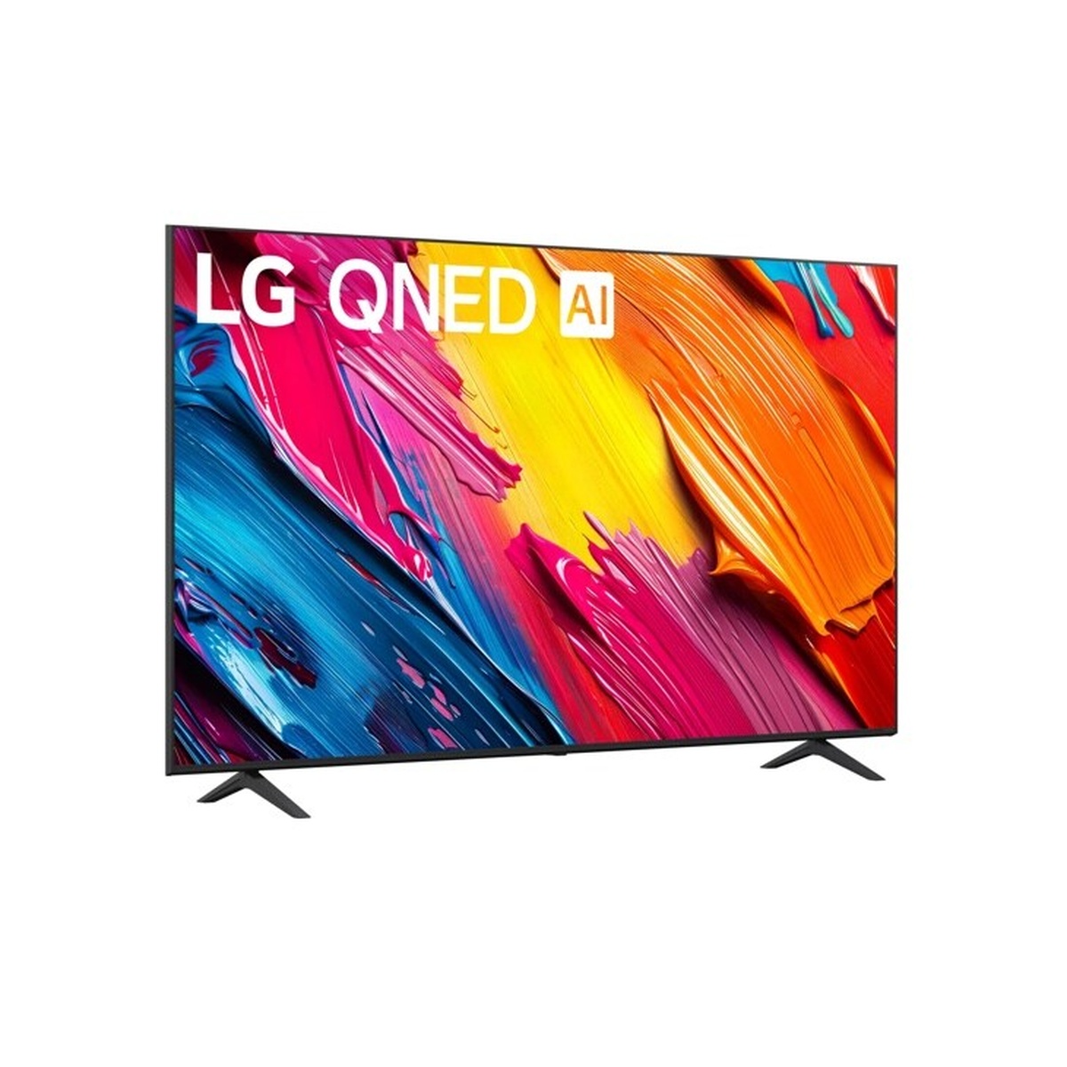 LG QNED AI 75-inch TV shown from a left angle displaying vibrant on-screen artwork