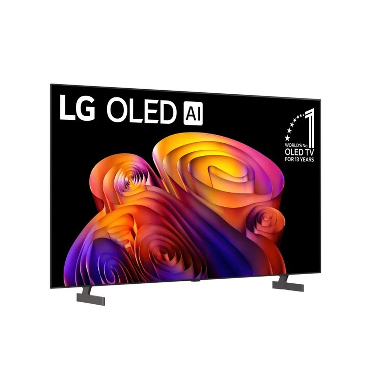 LG OLED AI B6E 65-inch TV shown from a front-angled perspective displaying vivid abstract art with the World's No.1 OLED TV for 13 Years badge on screen