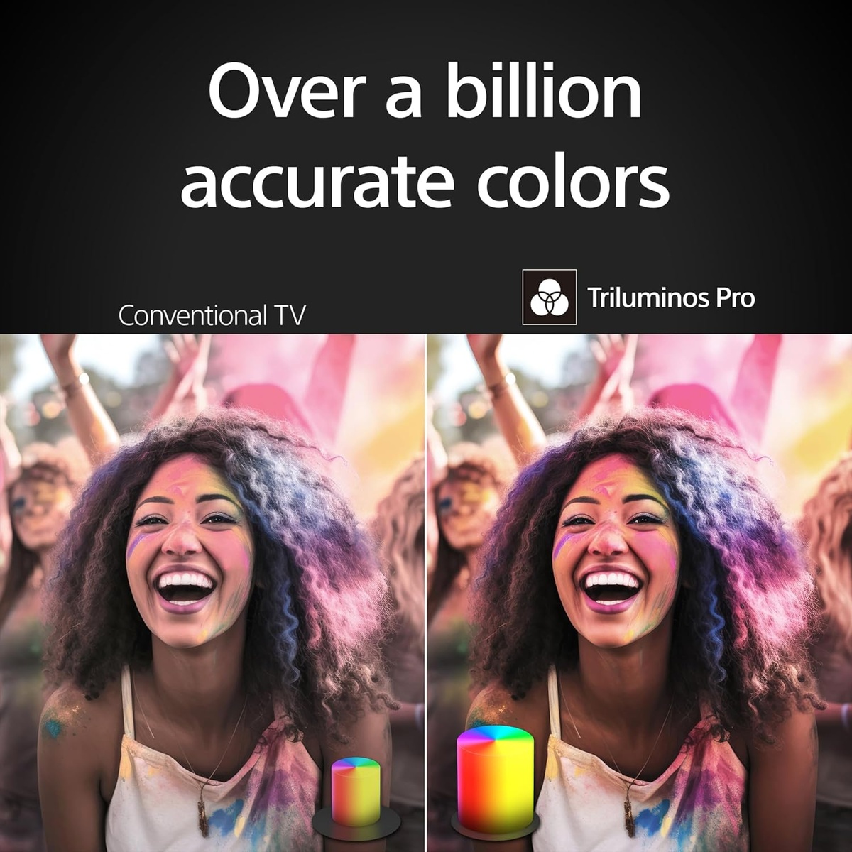 Side-by-side comparison showing Triluminos Pro color accuracy versus a conventional TV, with over a billion accurate colors on-screen text
