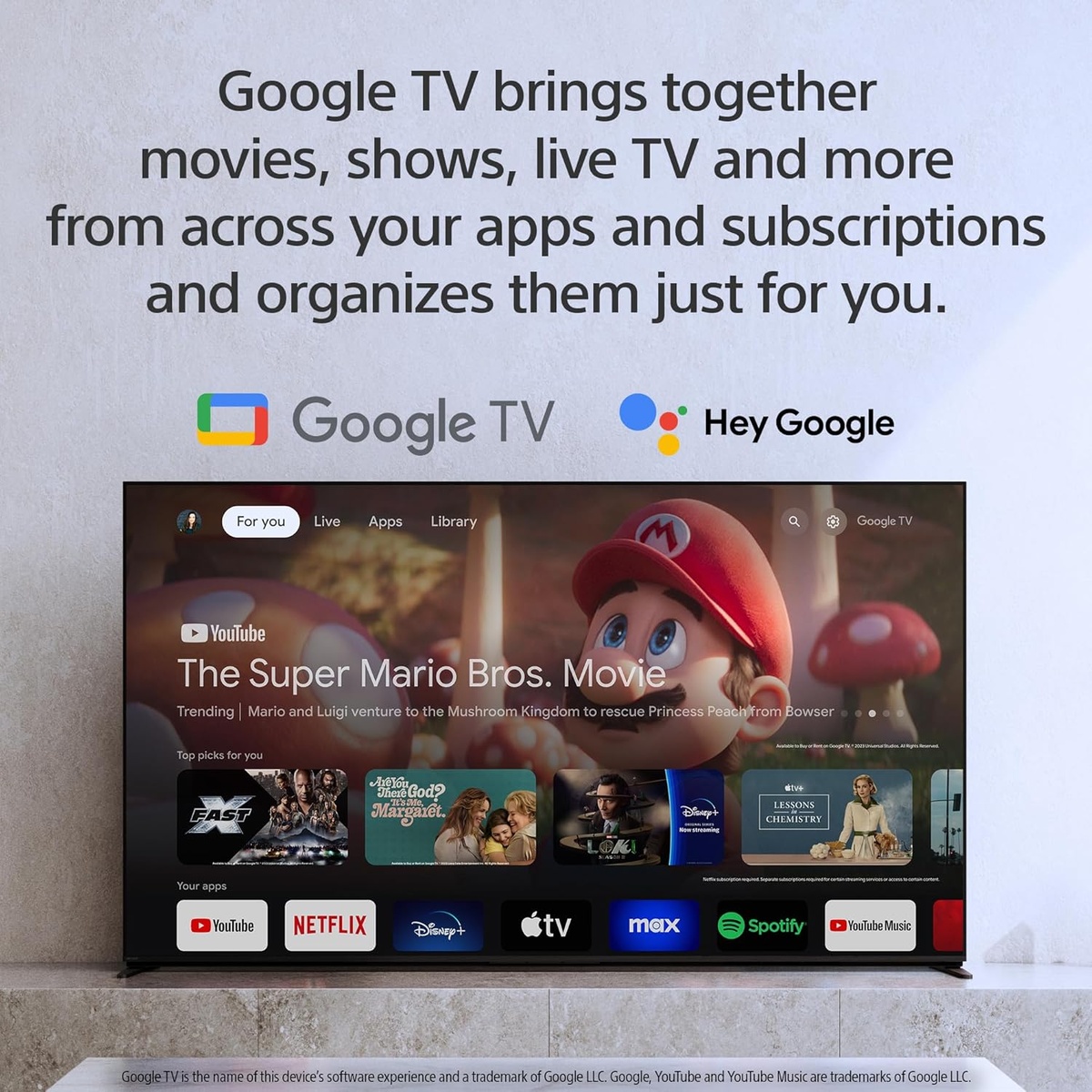 Sony BRAVIA 3 TV displaying the Google TV home screen interface with streaming app tiles including YouTube, Netflix, Disney+, Apple TV, Max and Spotify