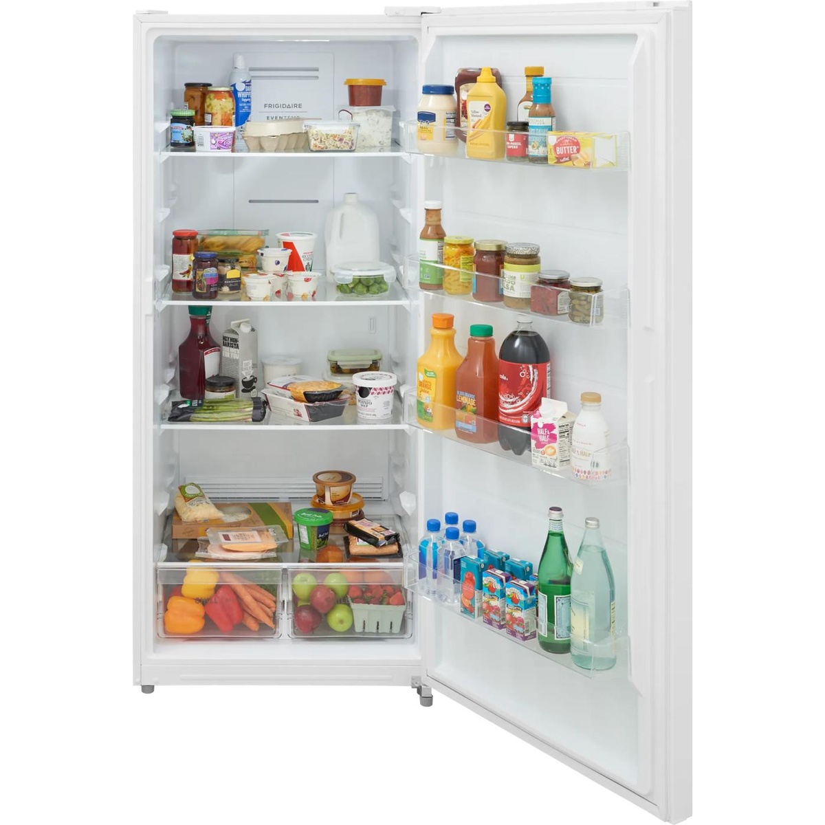 Open Frigidaire upright refrigerator showing full-width shelves, two clear bottom drawers, and multiple large door bins