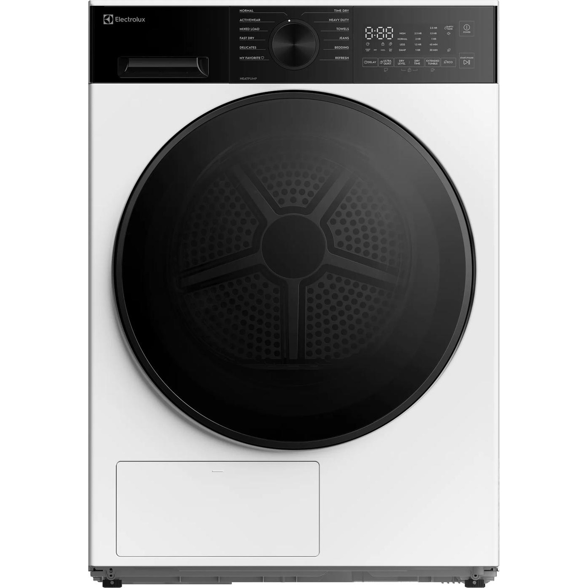 Front view of the Electrolux ELFE433CAW 24-inch white compact heat pump dryer showing the large black door, control panel with cycle selector knob, digital display, and labeled drying cycles and settings