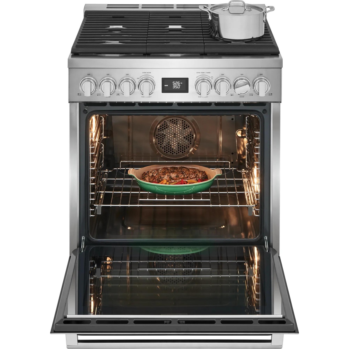 Electrolux range with the oven door open, illuminated oven interior and racks visible, and a pot on the cooktop.