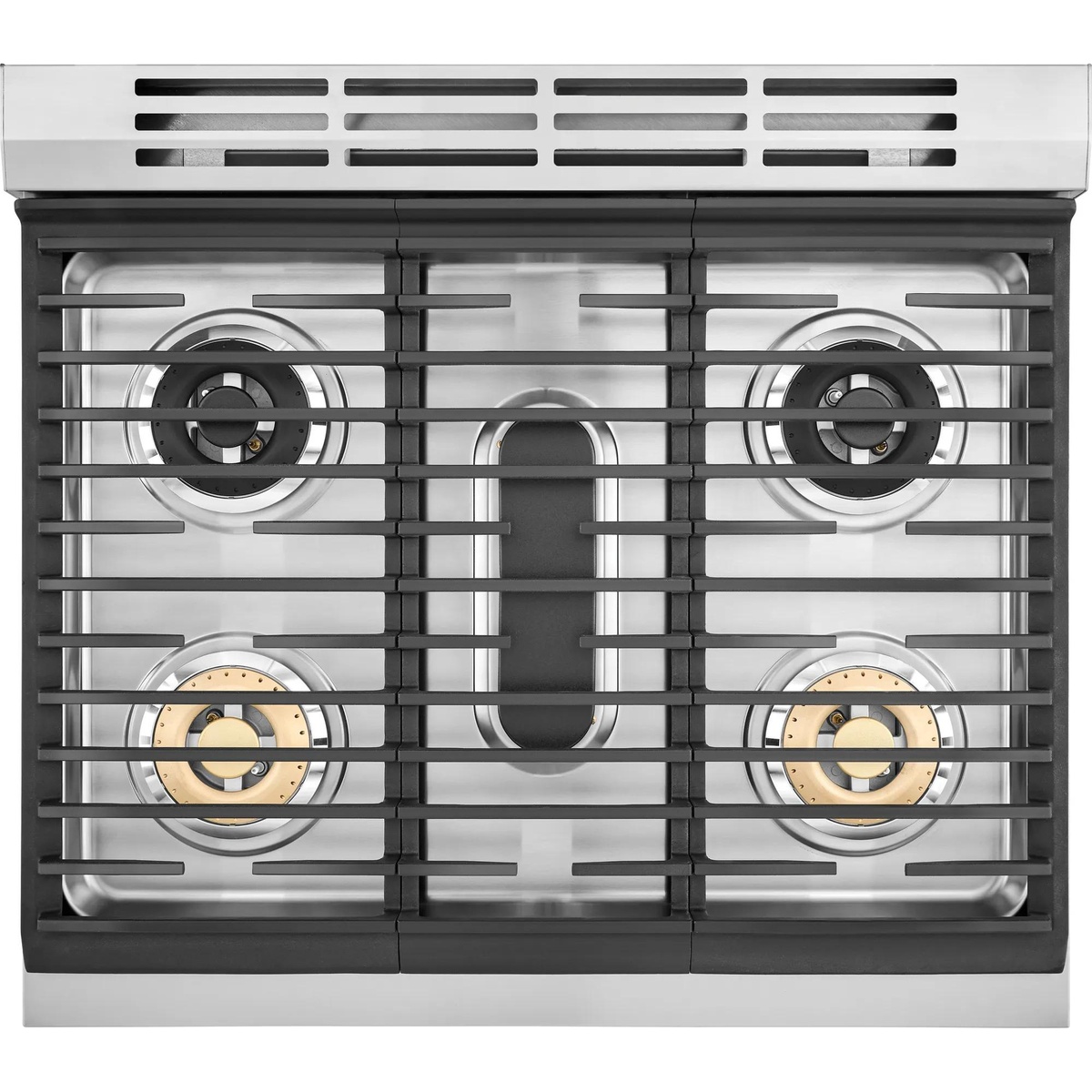 Top-down view of the range cooktop with continuous cast-iron grates, five burners, and a center oval burner.