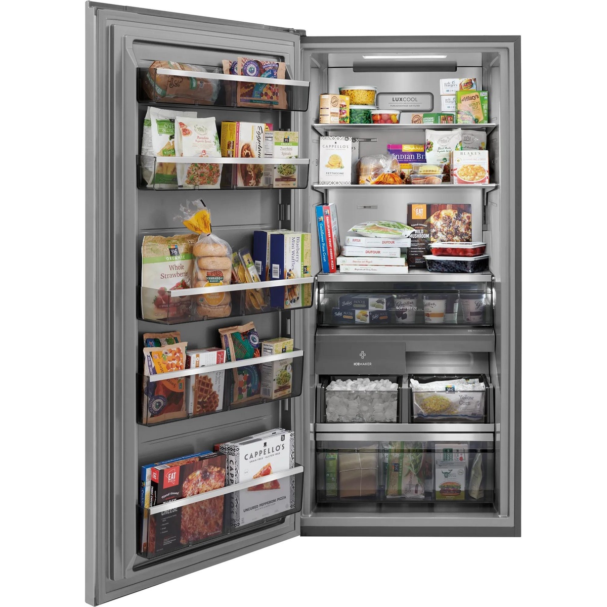 Electrolux EI33AF80WS single-door freezer open showing fully loaded interior with door bins, glass shelves, soft freeze drawer, ice maker drawer, and full-width bottom drawer
