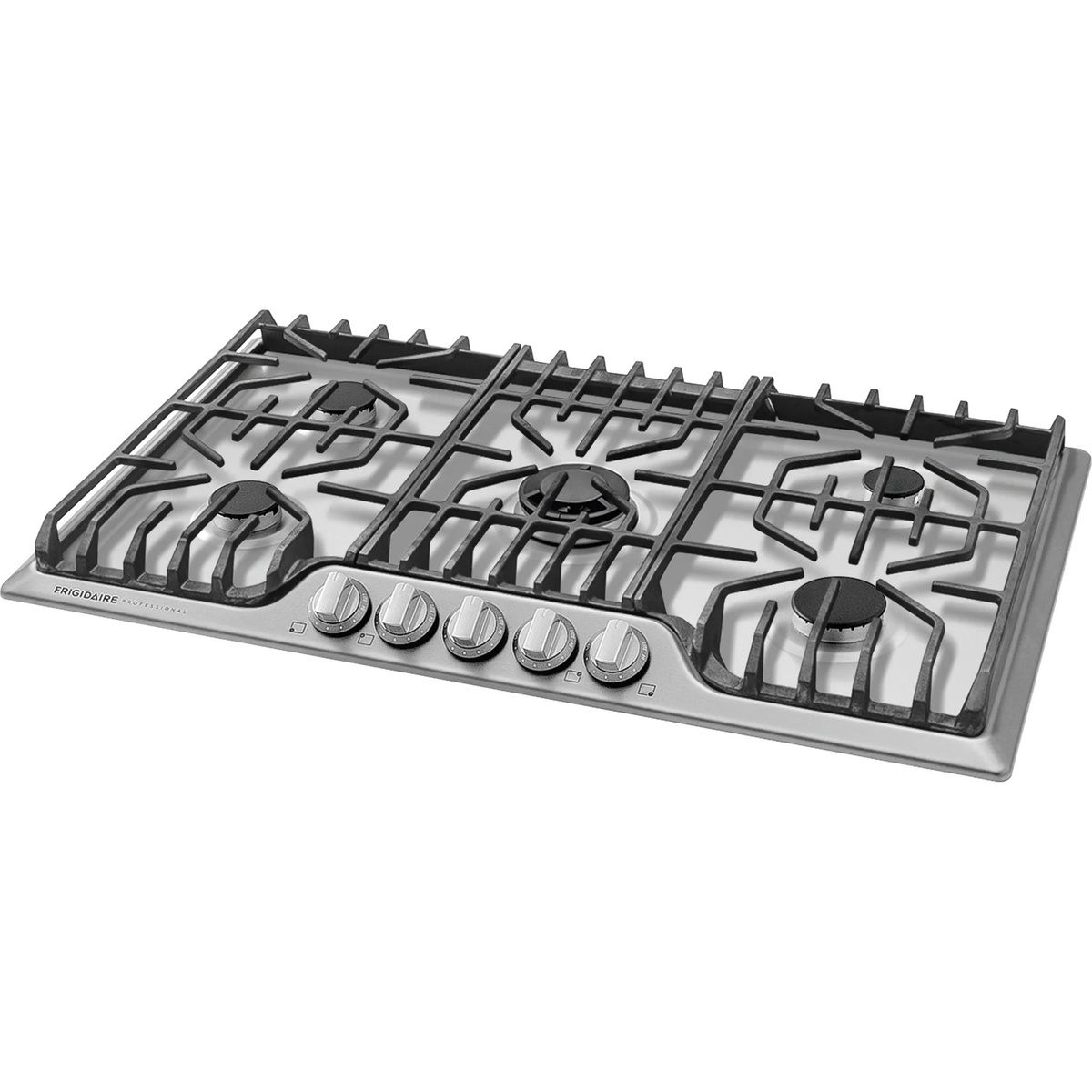 Frigidaire Professional FPGC3677RS 36-inch stainless steel gas cooktop showing five burners with continuous cast iron grates and five front-mounted control knobs