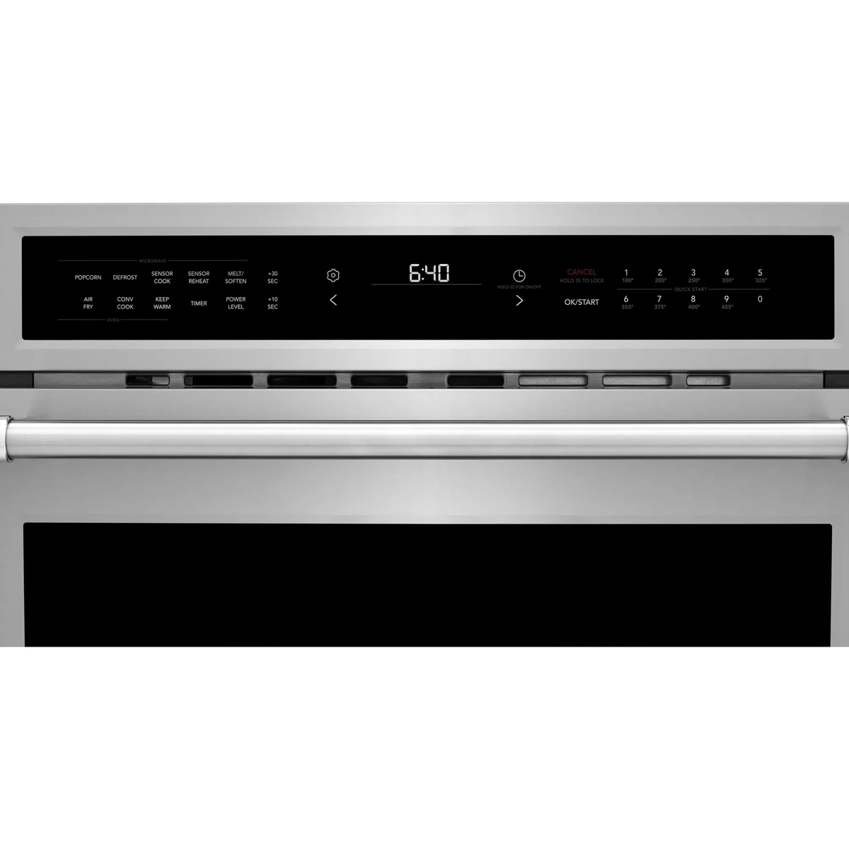 Close-up of the Frigidaire Professional PMBD3081BF glass touch control panel showing microwave and oven mode buttons, digital clock display, and Quick Start number keys