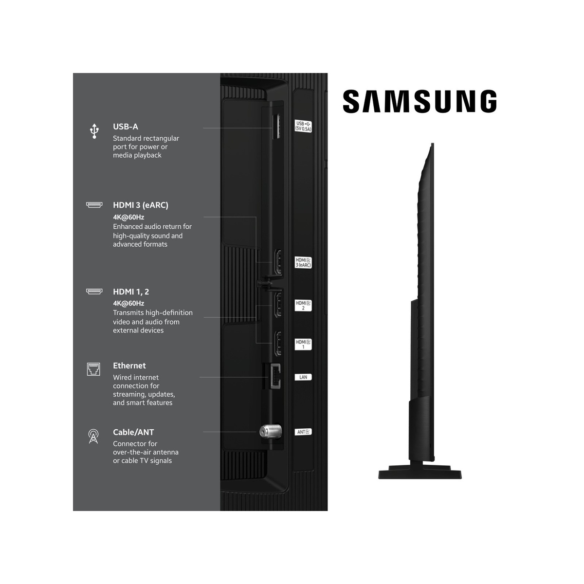 Rear panel of Samsung QN98Q7FAAF showing USB-A, HDMI 1, HDMI 2, HDMI 3 eARC, Ethernet, and Cable/ANT ports with Samsung branding